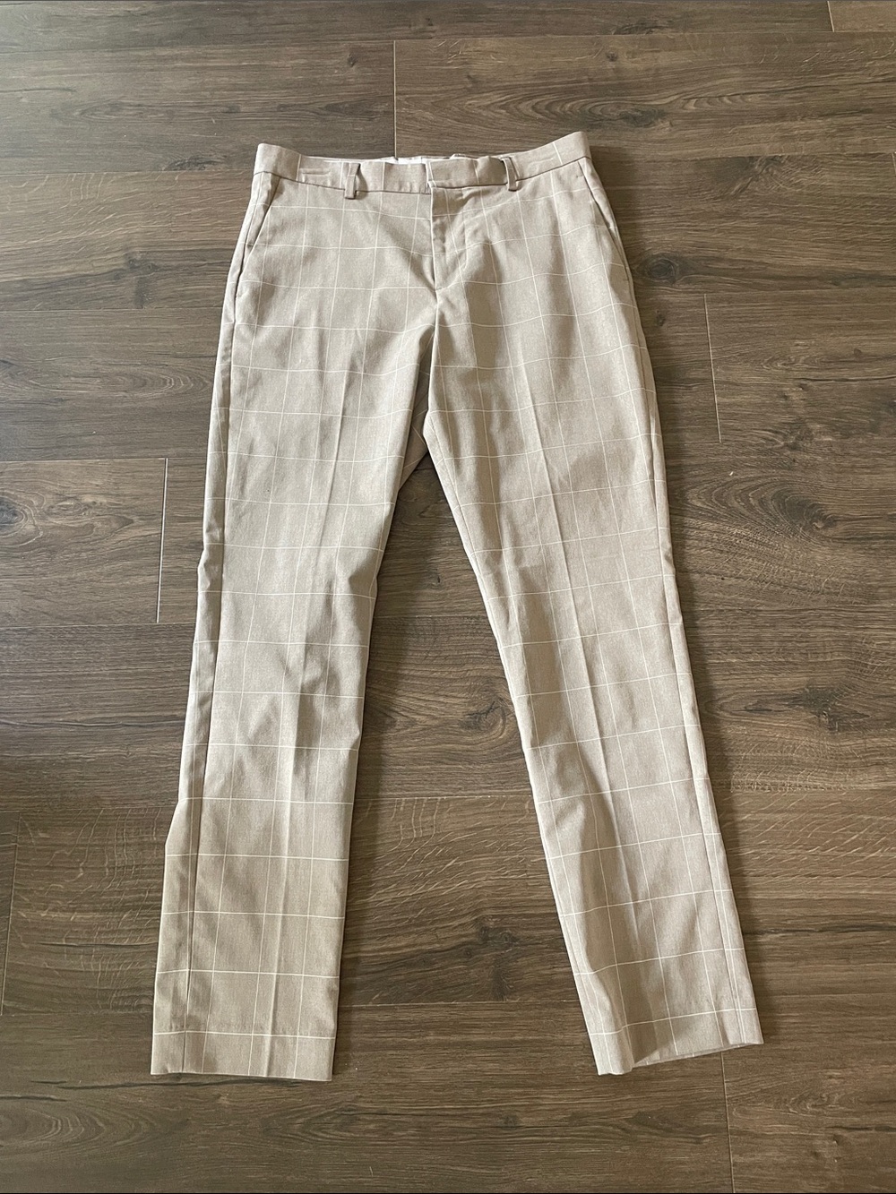 Men's H&M Slim Fit Windowpane Print Dress Pants Tan/Beige, Size 32R